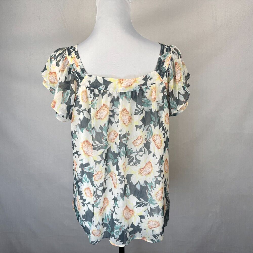 LC Lauren Conrad Women Sz S Sheer Square Ruffle Neck Pleated Sunflower Print - Picture 4 of 7